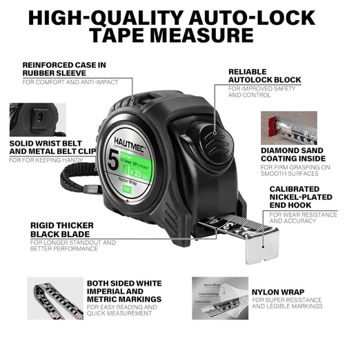 Miniatura 2 de HAUTMEC Cinta métrica métrica de doble escala de 16 pies/16.4 ft, bloqueo automático con hoja recubierta de nailon y funda de goma