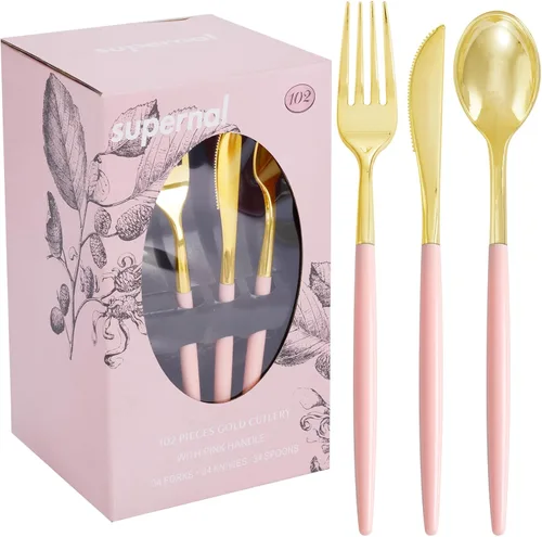Miniatura 15 de Supernal 102 cubiertos de plástico dorados, cubiertos dorados con mango negro, colección de cubiertos desechables, incluye 34 tenedores de plástico