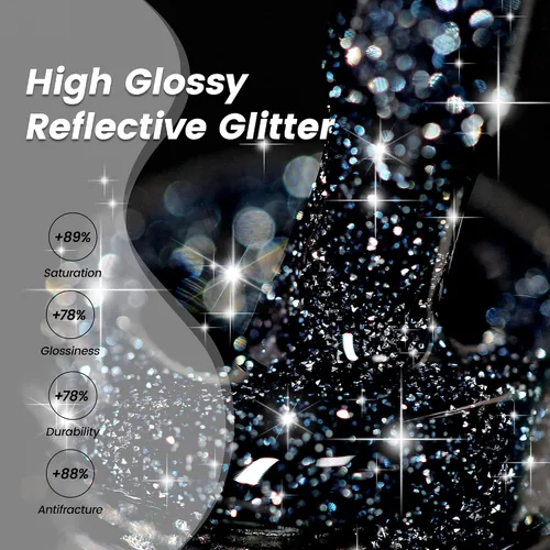 Miniatura 5 de YTD Likomey - Esmalte de uñas de gel con purpurina reflectante, 0.5 fl oz (15 ml), color negro con destellos de diamante, tono azul oscuro