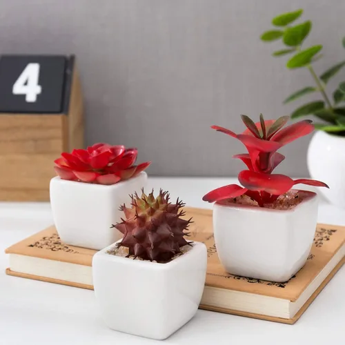 Miniatura 2 de MyGift Surtido de plantas suculentas rojas artificiales, mini plantas falsas del desierto en macetas cuadradas blancas, juego de 3 Rojo (juego de 3)
