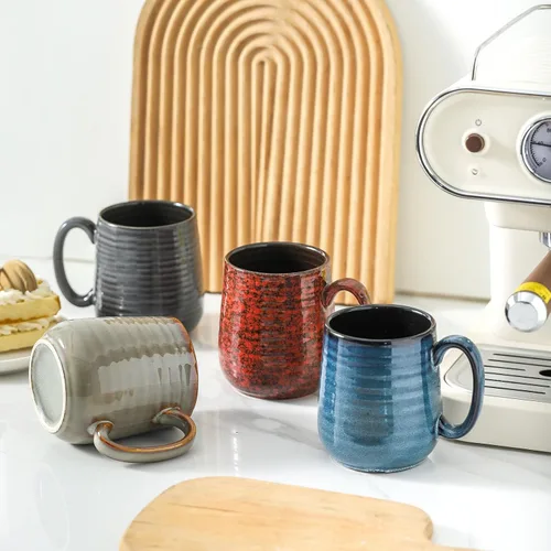 Miniatura 5 de Juego de 4 Tazas de Café de HASENSE, Tazas de Cerámica de 12 Oz con Mango Grande, Juego de Tazas Rústicas Coloridas para Café, Té, Coco, Café