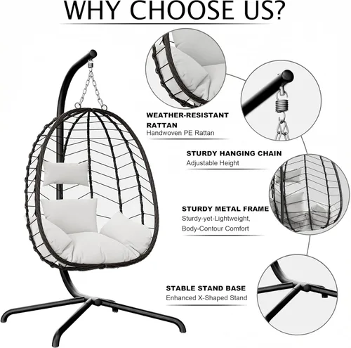 Miniatura 2 de LEX CRAFT Silla colgante de huevo con soporte, silla de huevo oscilante para exteriores e interiores, silla colgante con cojín, silla hamaca