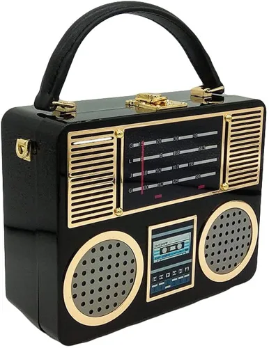 Miniatura 3 de Estuche rígido vintage de acrílico para radio bolso de mano para mujer bolso cruzado de hombro Negro