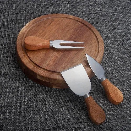 Miniatura 2 de Tabla redonda de madera de acacia para servir queso y juego de 3 herramientas de queso, 7.5 pulgadas de diámetro, ideal para bodas, cumpleaños