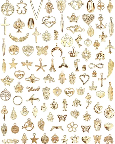 100 piezas al por mayor de lotes a granel para hacer joyas, dijes mezclados de aleación de oro KC dorado para collares, pulseras, fabricación de