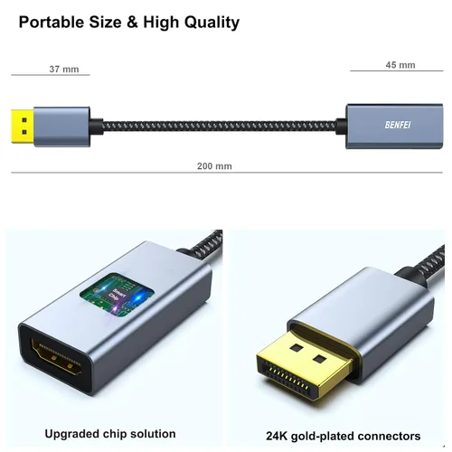 Miniatura 6 de BENFEI Paquete de 2 cables adaptadores 4K DisplayPort a HDMI, (2K 60Hz, 1080p 120Hz) Convertidor unidireccional DisplayPort a monitor HDMI, Gris