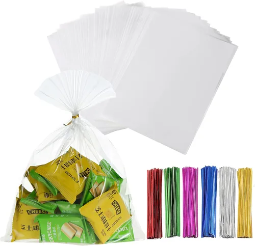 Miniatura 18 de 200 bolsas de celofán planas de celofán de 7 x 12 pulgadas con lazos torcidos de 6 colores, embalaje de galletas, dulces, postres de regalo, bolsas