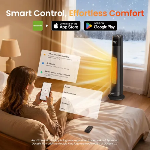 Miniatura 3 de FLANUR Calentadores inteligentes de cerámica PTC de 1500 W para uso en interiores, calentador portátil con control remoto y aplicación para Negro