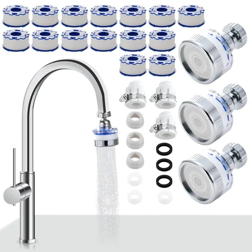Paquete de 3 filtros de agua para grifo del fregadero, purificador de agua montado en grifo giratorio 360° con 15 cartuchos de filtro, elimina