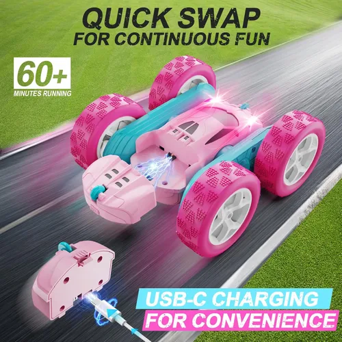 Miniatura 2 de QUNREDA Coches RC, Coche de Control Remoto Rosa para Niñas, 2.4 GHZ Coche de Acrobacias RC de Doble Cara Giratorio 360° Control Remoto Crawler