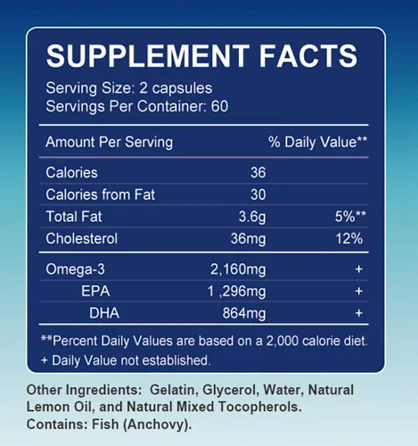 Aceite de pescado premium de triple fuerza, Omega-3 2160 mg, EPA 1296 mg + DHA 864 mg, suplemento natural para un corazón saludable y apoyo