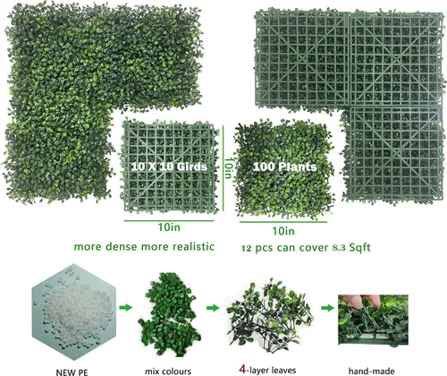 Miniatura 2 de Bybeton Paneles de pared de césped artificial, 10 x 10 pulgadas (12 unidades), paneles de boj anti rayos UV, telón de fondo de pared verde