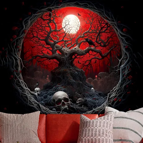 Miniatura 12 de Atrippy Tapiz de anime negro y rojo de Halloween, para colgar en la pared, diseño gótico de luna de bosque oscuro, calavera, árbol marchito