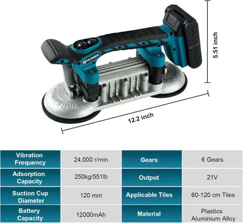 Miniatura 6 de Máquina de vibración de herramienta de instalación de azulejos, vibrador de doble ventosa, nivelación de baldosas de mano, 12000 mAh, 24000 r/min, 6