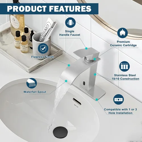 Miniatura 5 de Herogo Grifo de lavabo de baño sin contacto, sensor automático de níquel cepillado, cascada de acero inoxidable con drenaje desplegable de latón