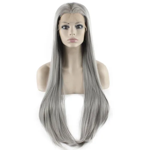 Miniatura 9 de Mxangel - Peluca de cabello sintético largo y lacio con encaje frontal, color negro, natural atado a mano, resistente al calor