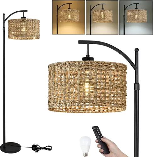 Lámpara de pie de arco para sala de estar con control remoto, lámparas de pie bohemias de granja con 3 temperaturas de color, lámpara de pie rústica
