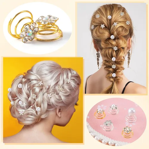 Miniatura 7 de OIIKI 50 clips de joyería para el cabello con diamantes de imitación brillantes – espiral, flor de perla, accesorios decorativos para novia, dama