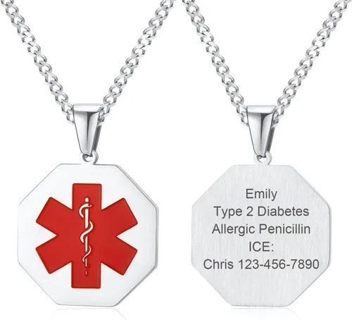 VNOX Collar de alerta médica de emergencia con grabado personalizado, etiqueta de identificación de acero inoxidable, colgante con etiqueta de perro