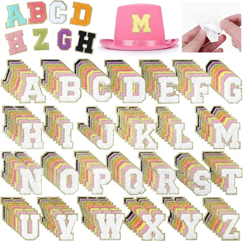 Miniatura 7 de 234 parches autoadhesivos de letras de felpilla de 2.56 pulgadas, borde dorado con purpurina bordada para tela, reparación de ropa, decoración