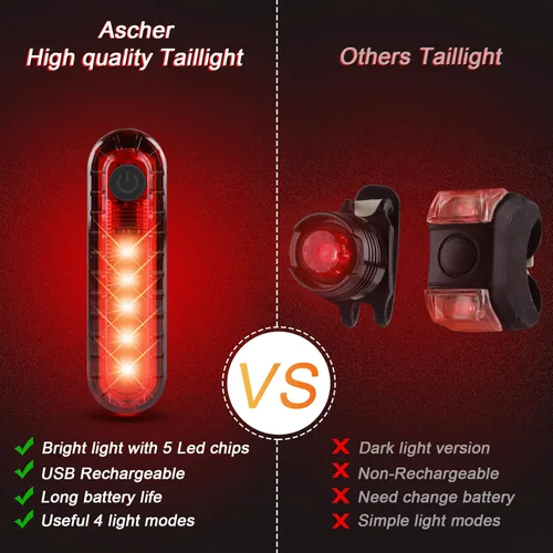 Miniatura 3 de Ascher Ultra Bright USB Rechargeable Bike Light Set, Powerful Bicycle Front Headlight and Back Taillight, 4 Light Modes, Easy to Install for Men