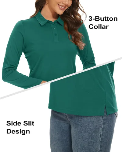 Miniatura 4 de TACVASEN Polo de golf para mujer, manga larga, protección solar UPF 50+, cuello de 3 botones, camiseta de secado rápido