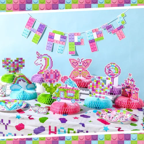 Miniatura 2 de Colarr 9 piezas de suministros para fiesta de cumpleaños de bloques de construcción, juegos de decoración de bloques de construcción, centros