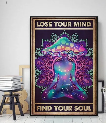 WZVZGZ Letrero de metal vintage de hojalata decorativo, póster con diseño de cabeza de seta y yoga, con texto en inglés "Lose Your Mind find Soul",
