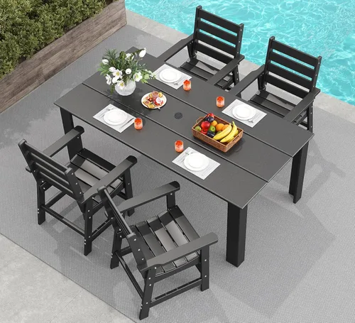 Miniatura 13 de GREENVINES Juego de comedor al aire libre de 7 piezas Juegos de mesa y sillas de plástico HDPE de 67 pulgadas para 6 Muebles de patio Todo