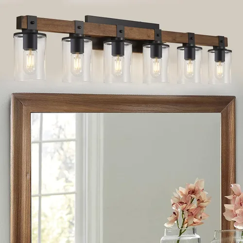 Miniatura 10 de DUJAHMLAND Lámpara de tocador de granja, aplique industrial de madera de 4 luces, iluminación de tocador de baño con pantalla de luces de vidrio