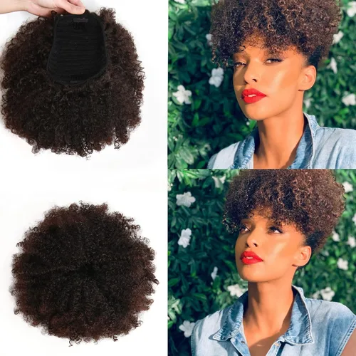 Miniatura 18 de Extensión de cola de caballo afro rizada encrespada con cordón para mujeres, cola de caballo afro con cordón, rizos encrespados sintéticos, piezas
