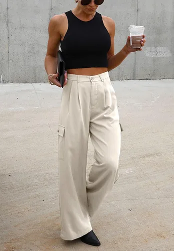 Miniatura 4 de Dokotoo Pantalones cargo de cintura alta y pierna ancha para mujer, holgados, informales, de combate, militares, con 4 bolsillos