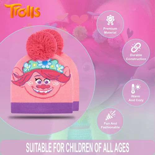 Miniatura 3 de Trolls - Juego de sombrero y guantes para niñas, 2 piezas, sombrero de invierno con guantes de Trolls Poppy para niñas, juego de sombrero y guantes