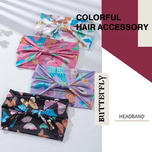 Miniatura 5 de Diademas para el cabello – Diademas bohemias de mariposa elásticas anudadas con estampado floral para mujeres y niñas, paquete de 4 (mariposa A)