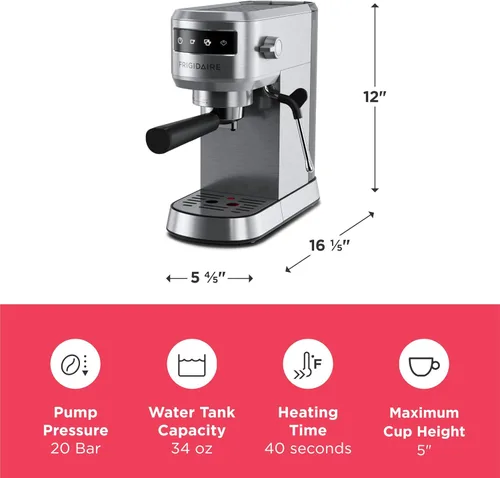 Miniatura 4 de Frigidaire Cafetera de Espresso a Vapor, Máquina de Café con Espumador de Leche y Calentador de Tazas, Presión de 20 Bares, Tanque de Agua Extraíble