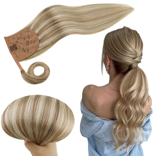 RUNATURE - Extensión de cola de caballo de cabello humano Remy con pinzas y cinta mágica, 1 pieza de extensiones de cabello largo, color castaño
