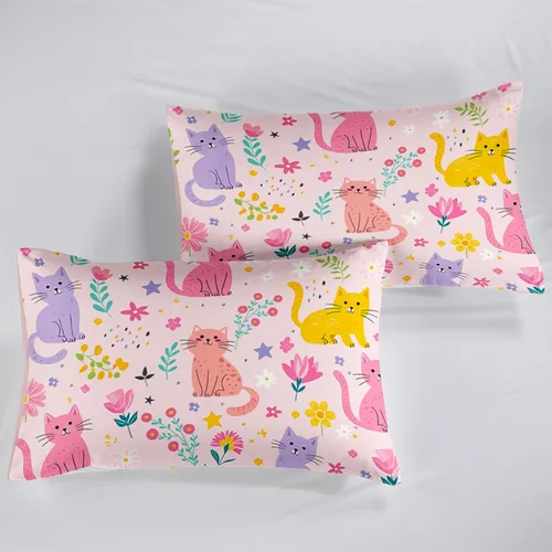 Miniatura 6 de QOOMO Edredón floral de gato tamaño Twin, juego de ropa de cama de gato rosa para niños, adolescentes y niñas, juego de ropa de cama de 3 piezas