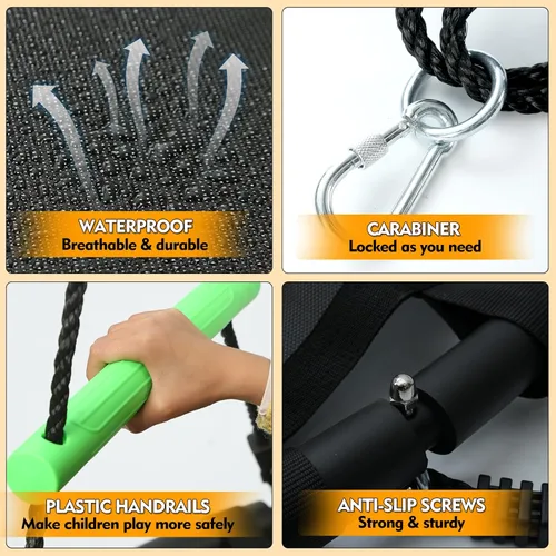 Miniatura 3 de YSEJOMP Columpio redondo negro con asas, hecho de marco resistente, tapete de polipropileno, cuerdas ajustables de múltiples hebras, seguro