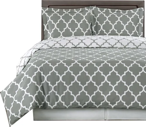 El juego de cama tamaño Queen de 8 piezas color gris meridiano con blanco incluye: juego de funda de edredón de 3 piezas + juego de sábanas de 4