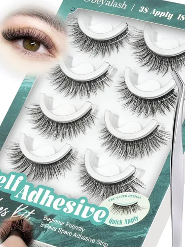 Obeyalash Pestañas autoadhesivas de ojo de gato, banda negra y adhesivo negro, pestañas postizas impermeables a presión, 5 pares de pestañas