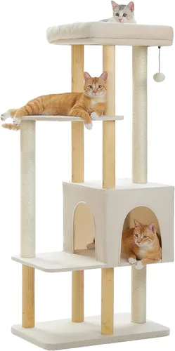 Miniatura 4 de PAWZ Road Árbol grande para gatos, torre de madera moderna de 53 pulgadas para gatos grandes de interior, condominios para gatos de varios niveles