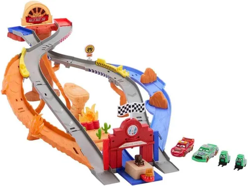 Mattel Disney y Pixar Cars Set de Juguetes, Rayo McQueen y Chick Hicks y 2 Vehículos del Equipo de Pobretones, 2 Maneras de Carrera, Pista de