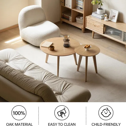 Miniatura 4 de Juego de mesa de café 100% de madera de roble macizo, mesa de café redonda combinada mesa auxiliar con patas de madera maciza, mesa de mediados