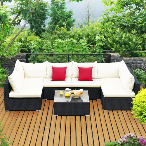 Miniatura 27 de Tangkula Patiojoy - Juego de muebles de ratán de 7 piezas, juego de conversación al aire libre con cojines y mesa de centro de vidrio templado