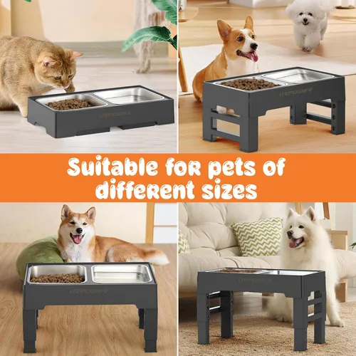 Miniatura 7 de URPOWER Cuencos elevados para perros, soporte elevado ajustable de 4 alturas con 2 cuencos grandes de acero inoxidable para alimentos y agua