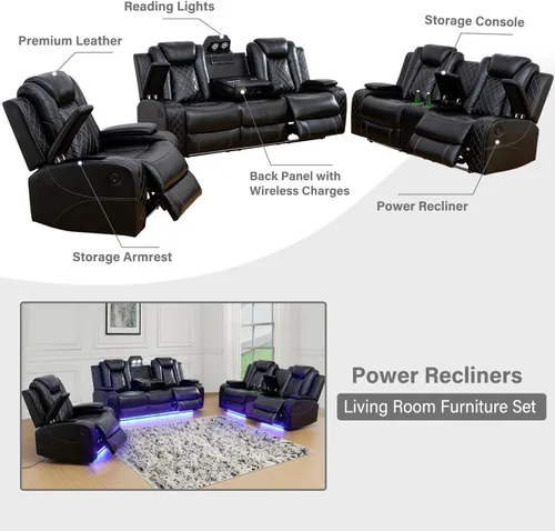 Miniatura 4 de Juego de sofá reclinable eléctrico, sofá reclinable de cuero de aire con LED/portavasos/almacenamiento, 2 muebles de sala de estar, sofá de cuero