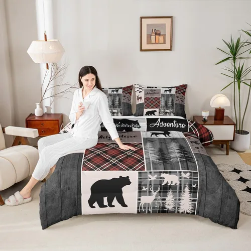 Miniatura 223 de Juego de edredón de oso y ciervo, tamaño individual, ropa de cama de animales salvajes de caza, colcha rústica de cabaña, casa de campo, cuadros