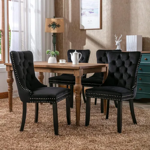 Miniatura 9 de Merax Juego de 2 sillas de comedor de terciopelo tapizadas de alta gama con anillo trasero de clavo, patas de madera maciza, asiento de espuma
