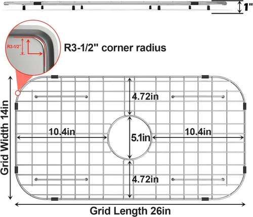 Miniatura 2 de Rejilla protectora de 26-1/16 x 14-1/16 pulgadas, drenaje centrado con radio de esquina de 3-1/2 pulgadas, material de acero inoxidable