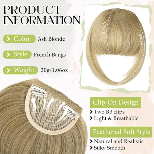 Miniatura 2 de Bangs Hair Clip in Bangs, French Ash Blonde Fake Bangs Hair Clip on Bangs for Women Fringe with Temples Hairpieces Faux Bangs for Daily Wear